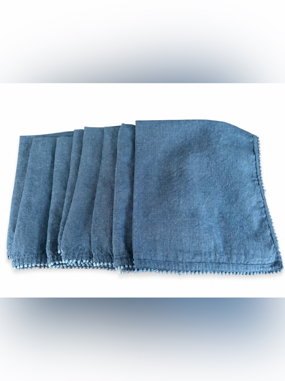 Juliska Berry Trim Navy Denim Blue Napkins Set of 8 Linen Cotton 21”